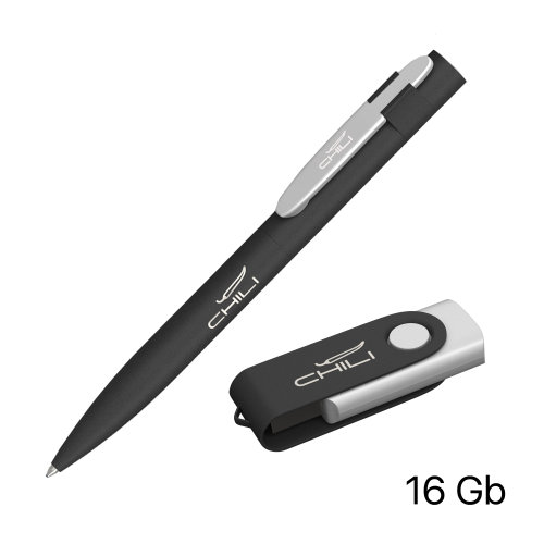Набор ручка + флеш-карта 16 Гб в футляре, покрытие softgrip, черный с серебристым