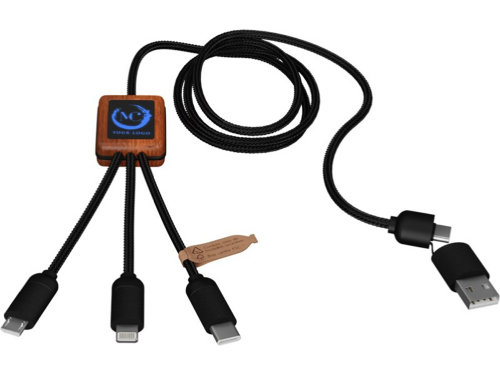 SCX.design C38 Зарядный кабель 3 в 1 из переработанного PET-пластика с синей подсветкой и квадратным деревянным корпусом, дерево
