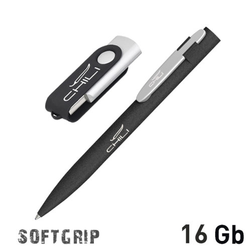 Набор ручка + флеш-карта 16 Гб в футляре, покрытие softgrip, черный с серебристым