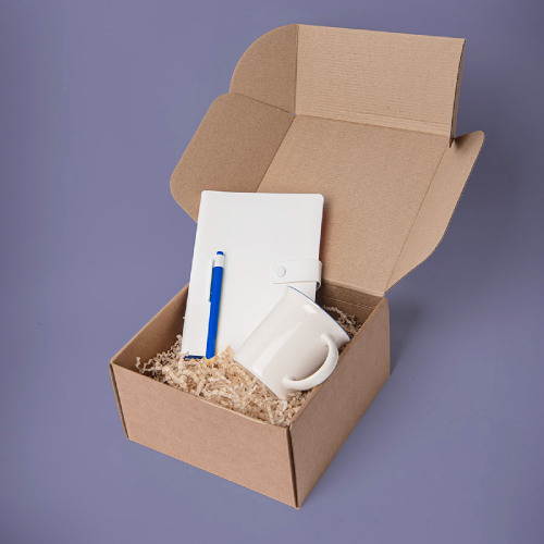 Набор подарочный : кружка, блокнот, ручка, коробка, стружка, белый с синим (темно-синий, белый)