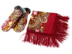 Набор: Павлопосадский платок, рукавицы, красный/разноцветный